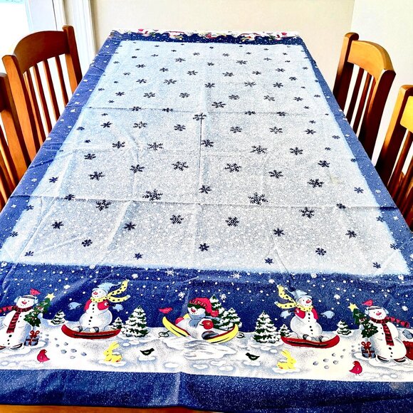 Blue Tablecloth Christmas Holiday Snowmen Snowflakes Cotton Blend 82” x 59” - Picture 3 of 14